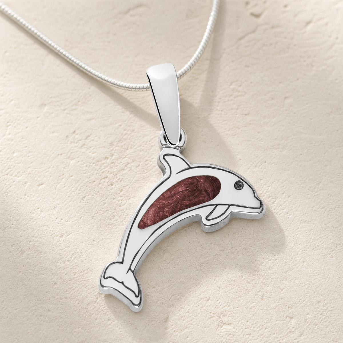 Solid 14K White Gold Jubilant Dolphin with Crimson Ash Resin Jewelry