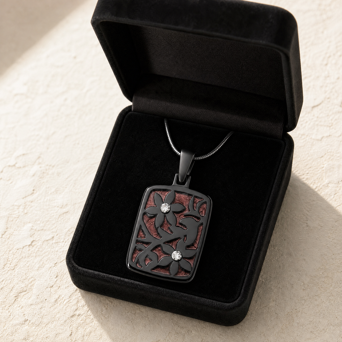 Flowered Rectangle Black Finish with Crimson Ash Resin Jewelry