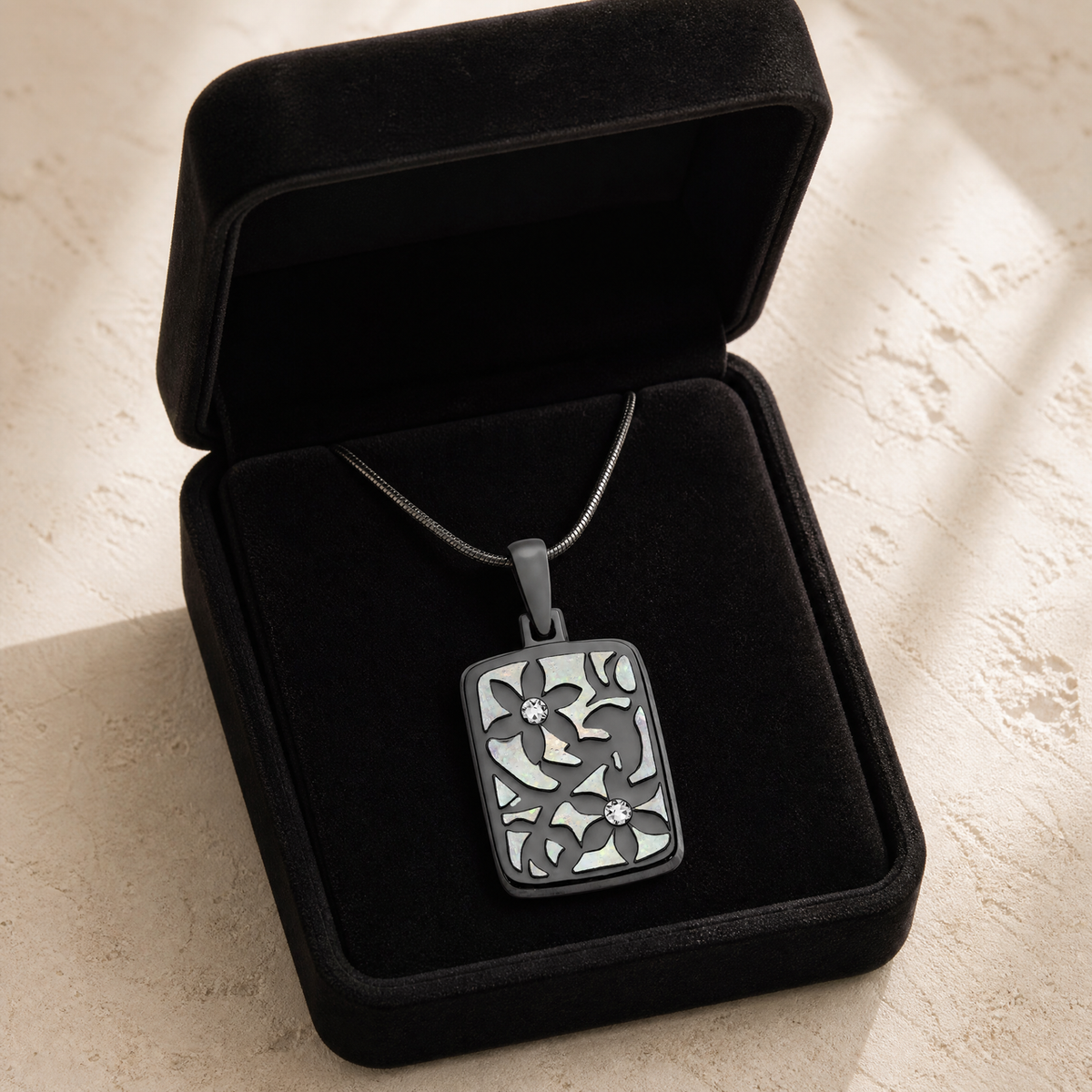 Flowered Rectangle Black Finish with Crushed Pearl Opal Ash Resin Jewelry