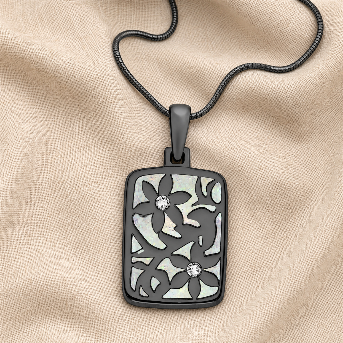 Flowered Rectangle Black Finish with Crushed Pearl Opal Ash Resin Jewelry