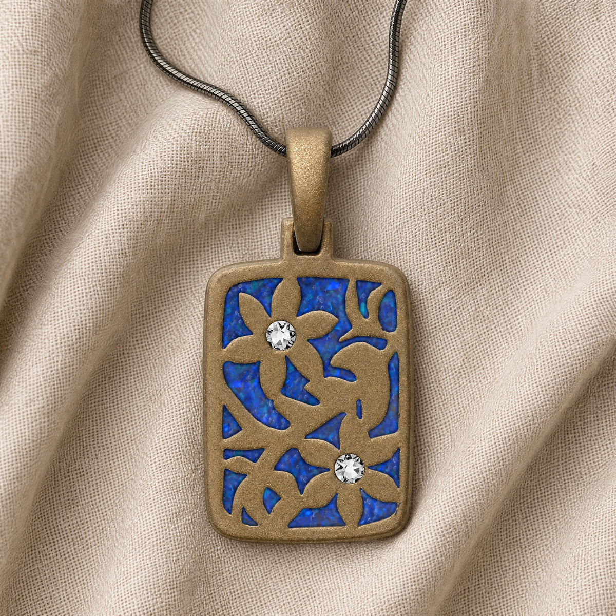 Flowered Rectangle Bronze Finish with Opal Blue Waters Ash Resin Jewelry
