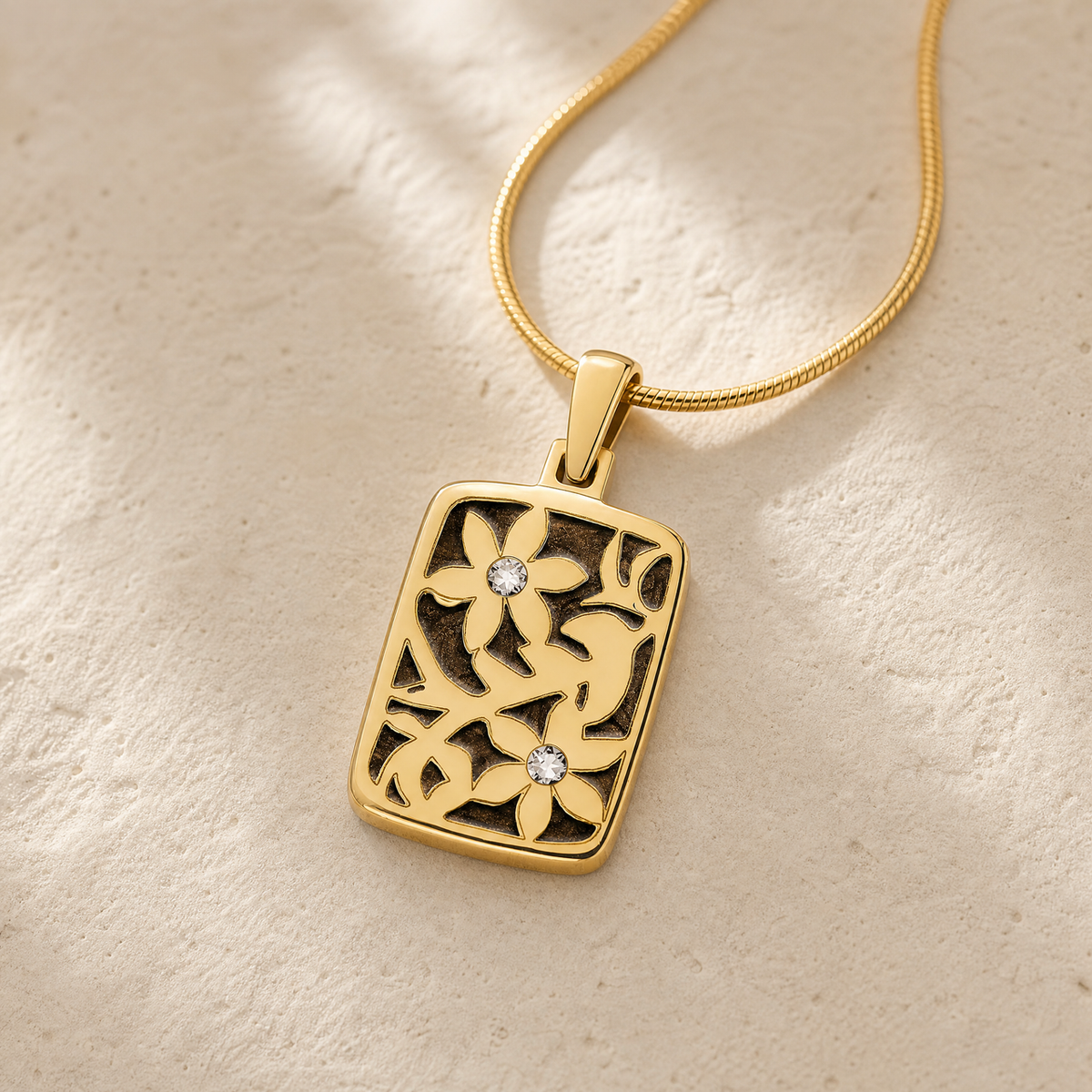 Flowered Rectangle Gold Plated with Carob Ash Resin Jewelry