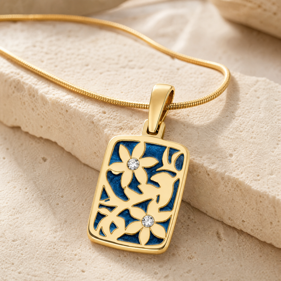 Solid 14K Gold Flowered Rectangle with Cobalt Ash Resin Jewelry