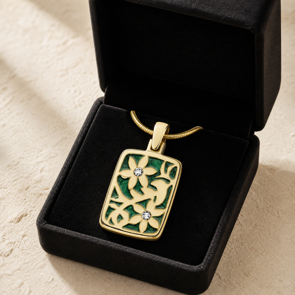 Solid 14K Gold Flowered Rectangle with Seafoam Ash Resin Jewelry