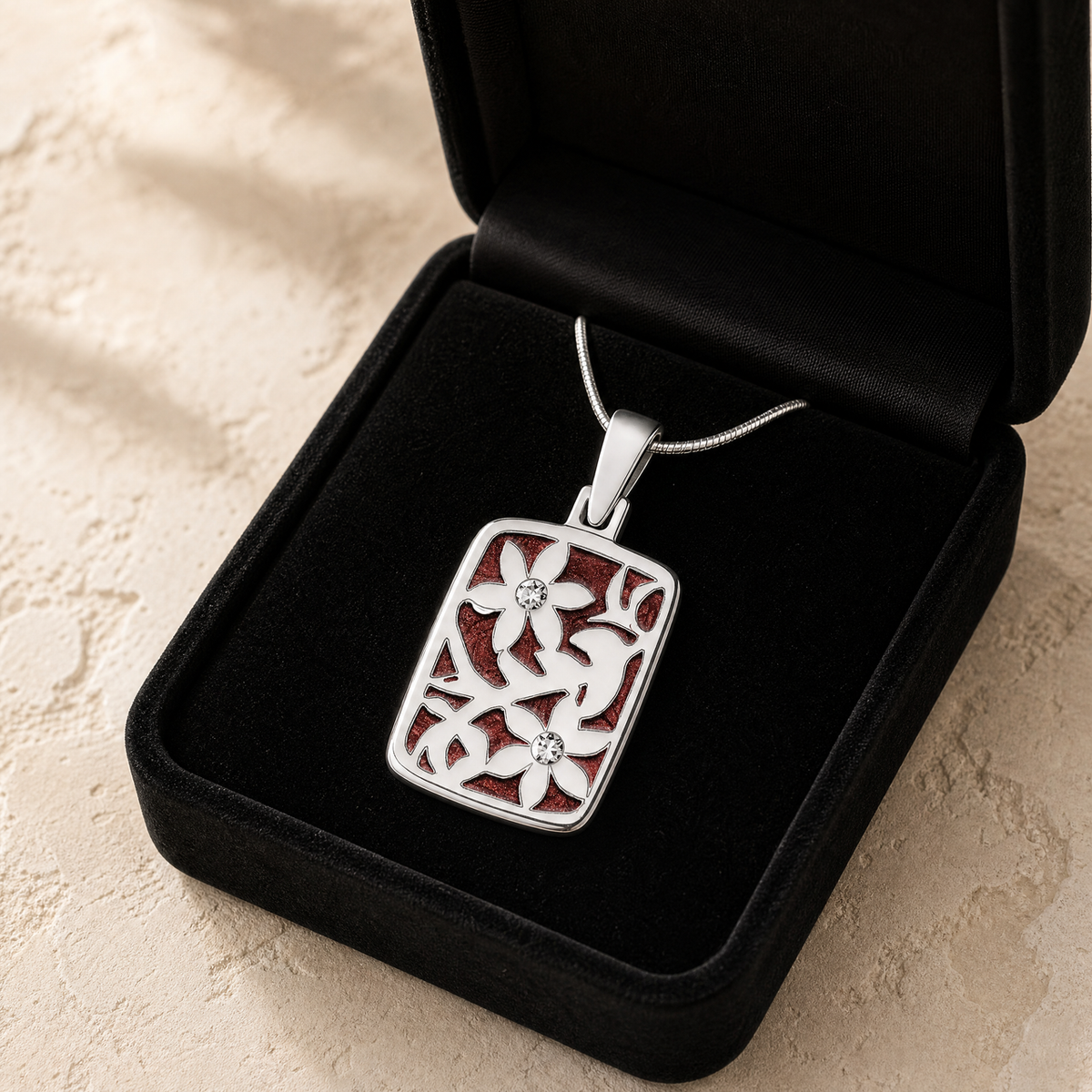 Flowered Rectangle Sterling Silver with Crimson Ash Resin Jewelry
