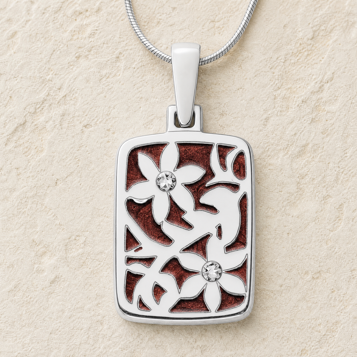 Flowered Rectangle Sterling Silver with Crimson Ash Resin Jewelry