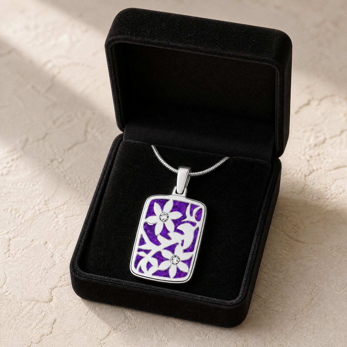 Flowered Rectangle Sterling Silver with Lilac Pearl Opal Ash Resin Jewelry
