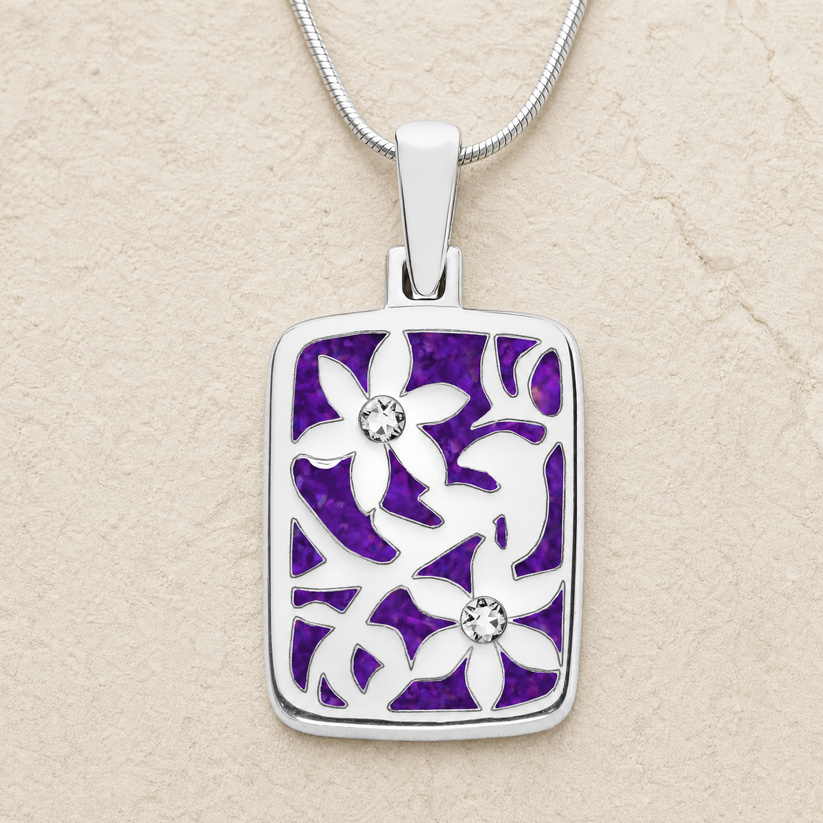 Flowered Rectangle Sterling Silver with Lilac Pearl Opal Ash Resin Jewelry
