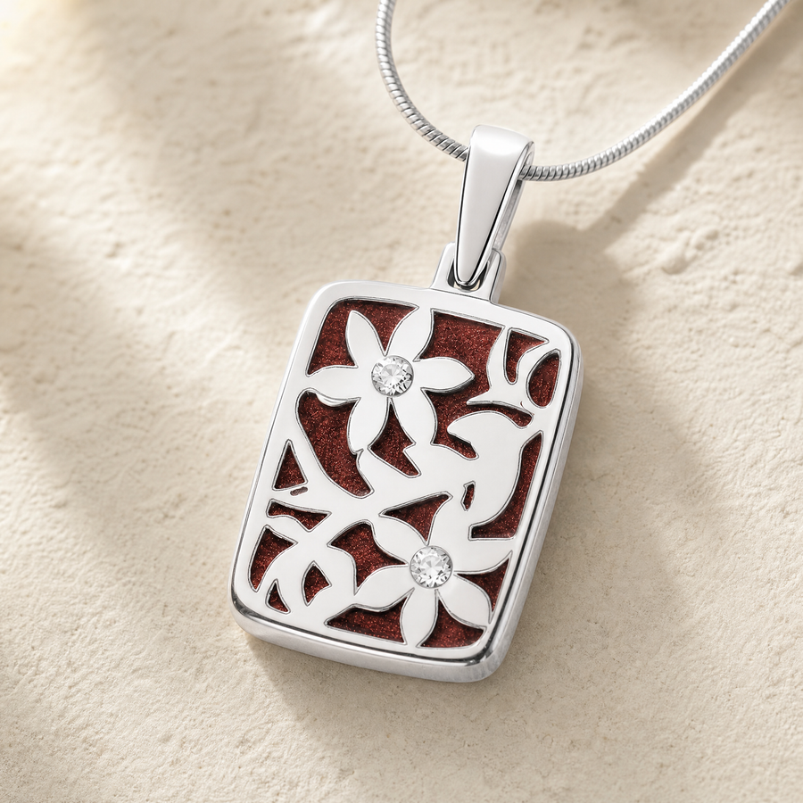 Solid 14K White Gold Flowered Rectangle with Crimson Ash Resin Jewelry