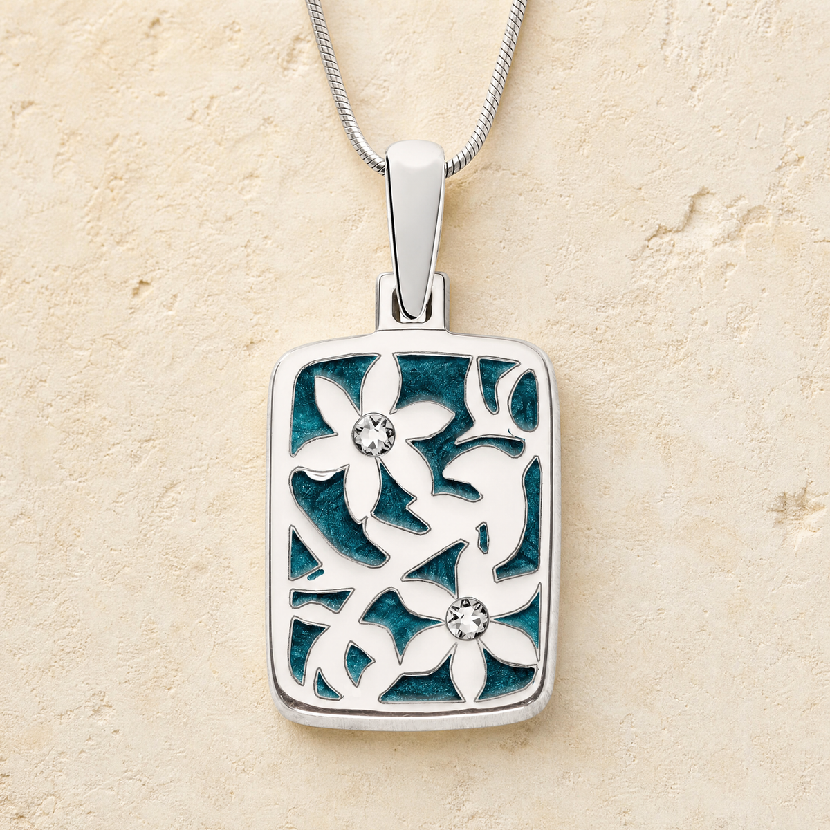 Solid 14K White Gold Flowered Rectangle with Aqua Ash Resin Jewelry