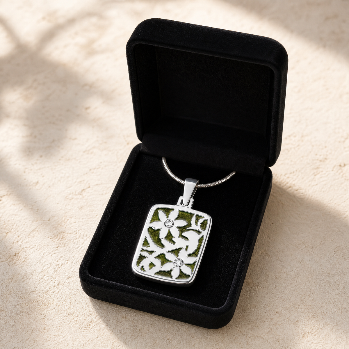 Solid 14K White Gold Flowered Rectangle with Sage Ash Resin Jewelry