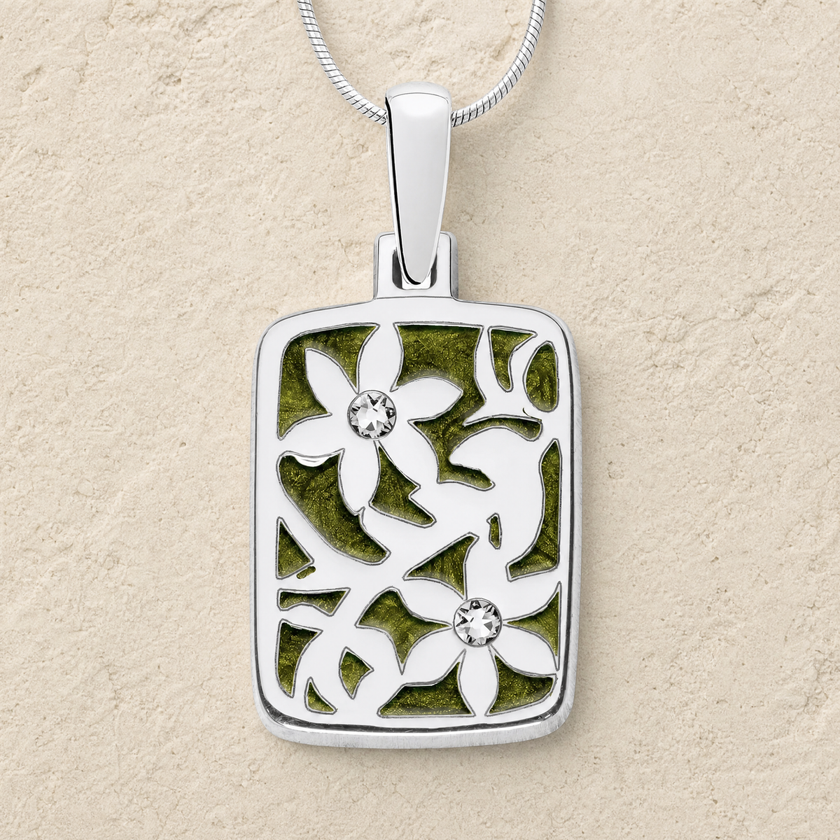 Solid 14K White Gold Flowered Rectangle with Sage Ash Resin Jewelry