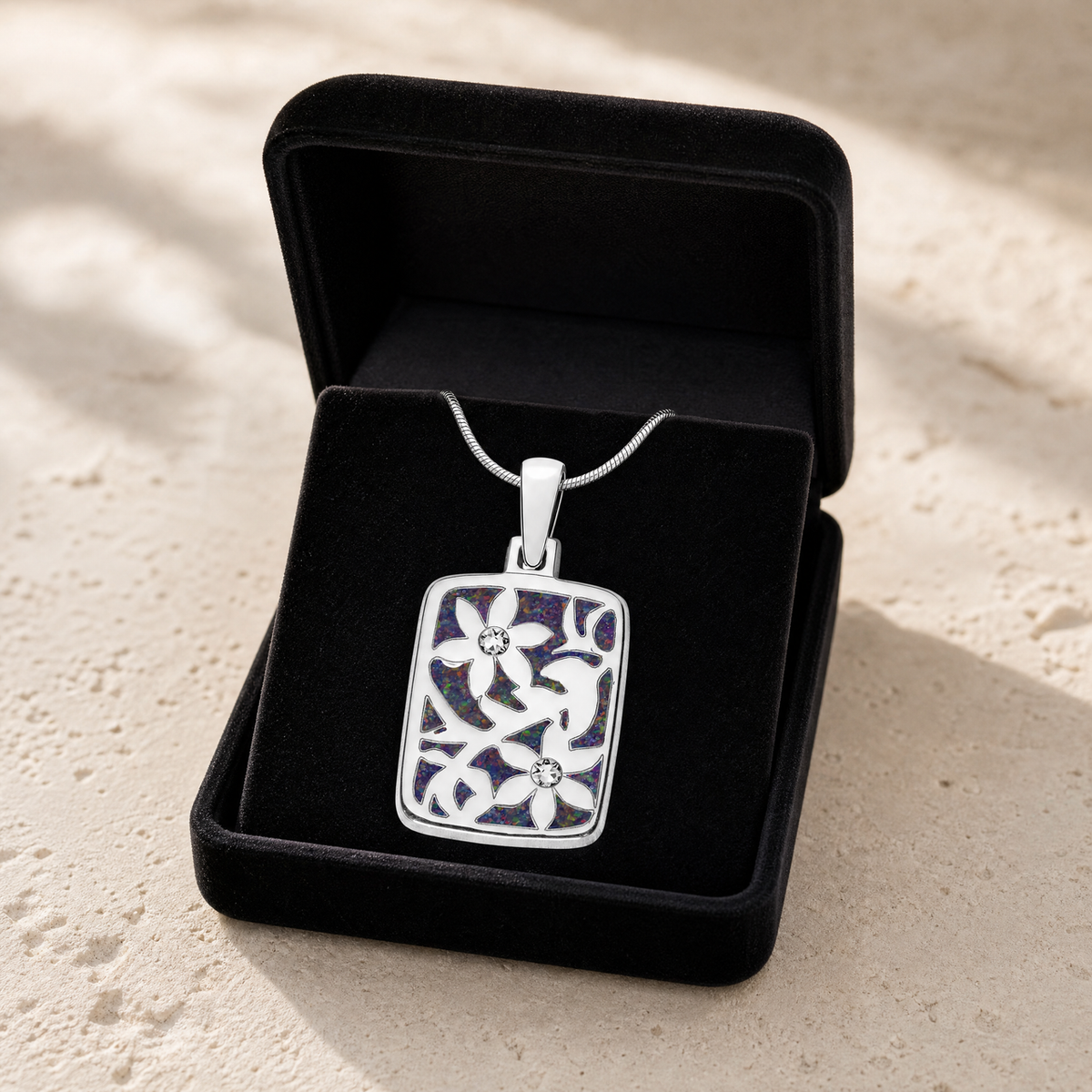 Solid 14K White Gold Flowered Rectangle with Black Flame Opal Ash Resin Jewelry