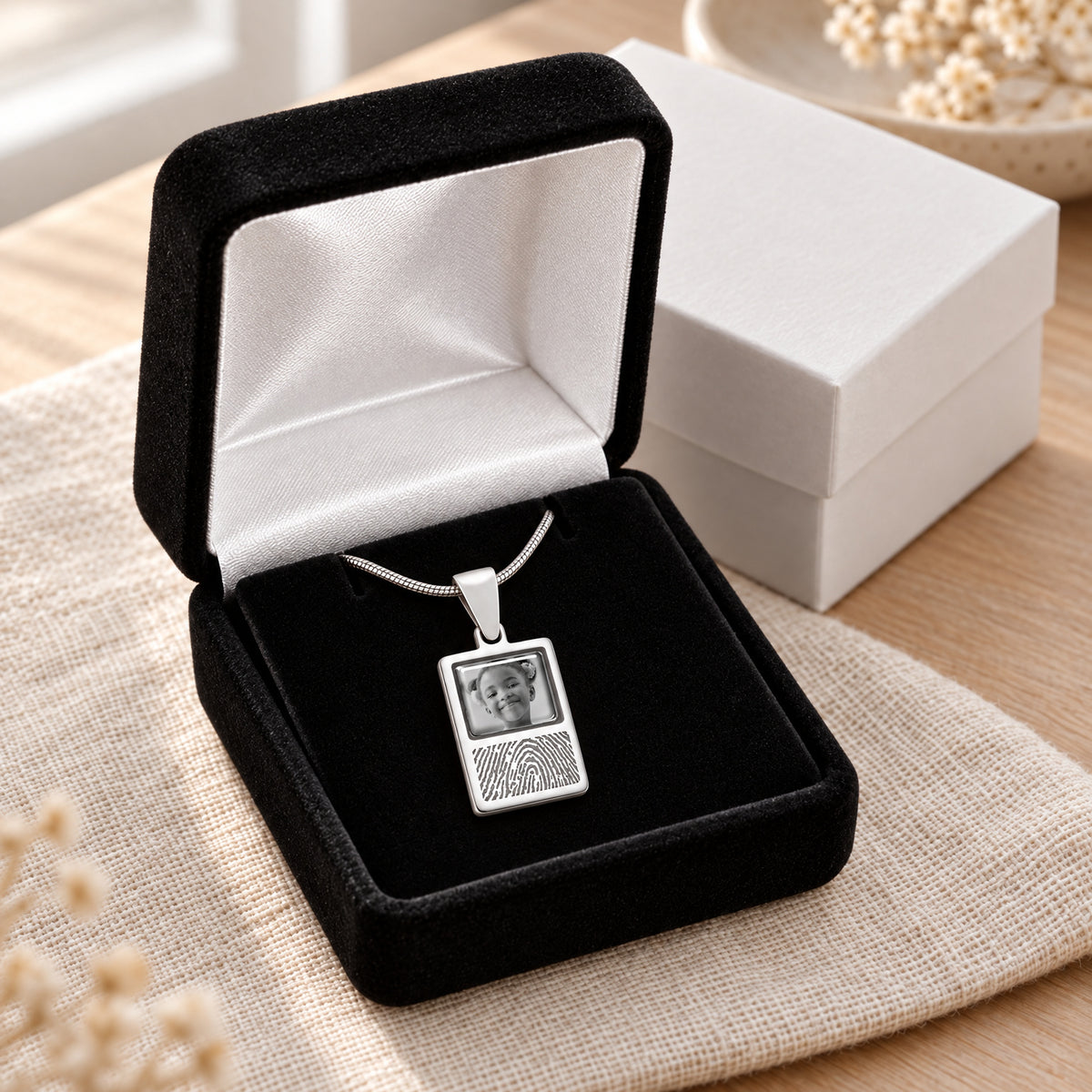 Rectangle Sterling Silver Fingerprint And Picture Pendant — gift box