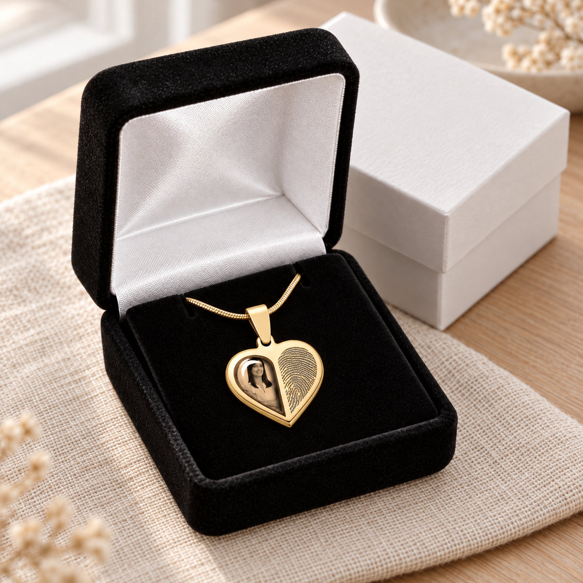 Two Heart 14K Gold Fingerprint And Picture Pendant — gift box