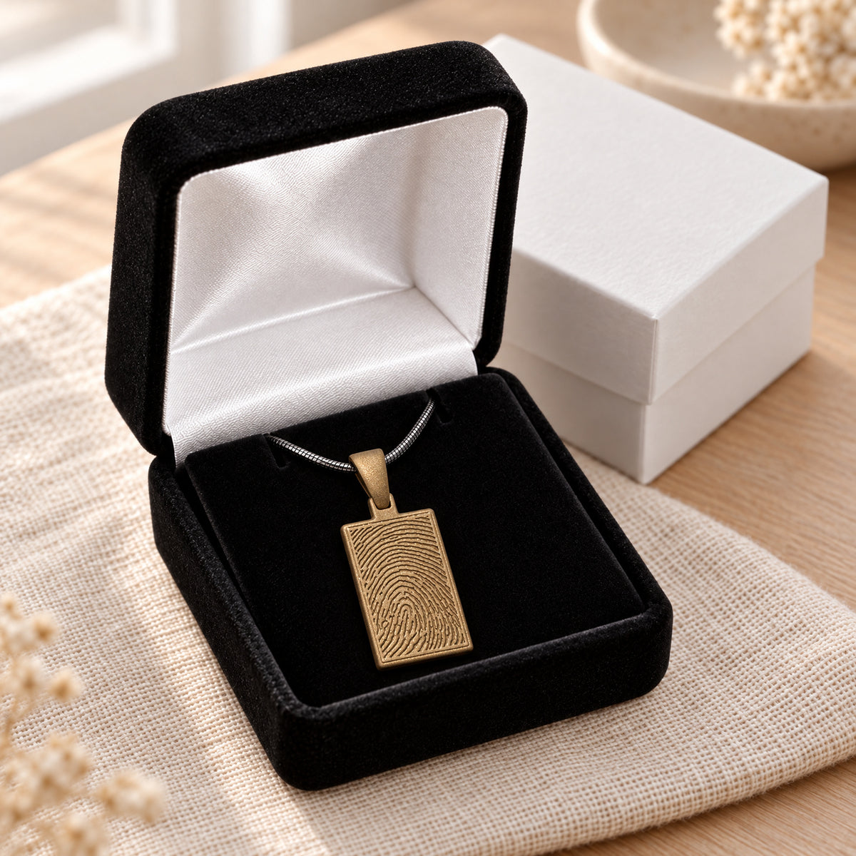 Bronze Finish Rectangle Fingerprint Necklace — gift box