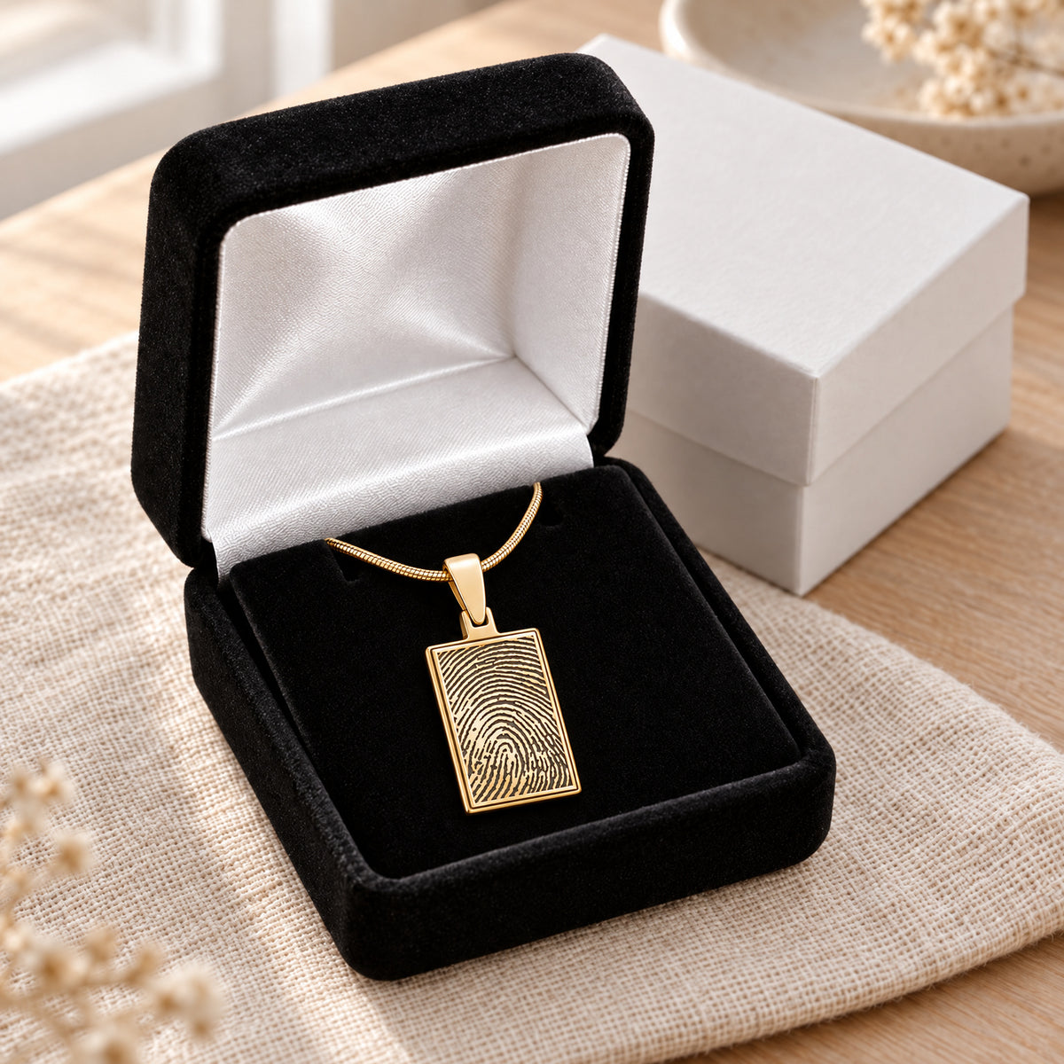 Gold Plated Genuine Rectangle Signature Fingerprint Necklace — gift box