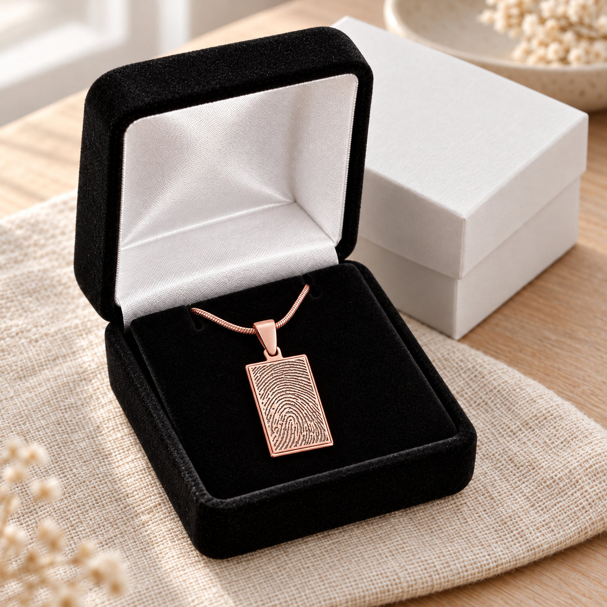 Rose Gold Genuine Rectangle Signature Fingerprint Necklace — gift box