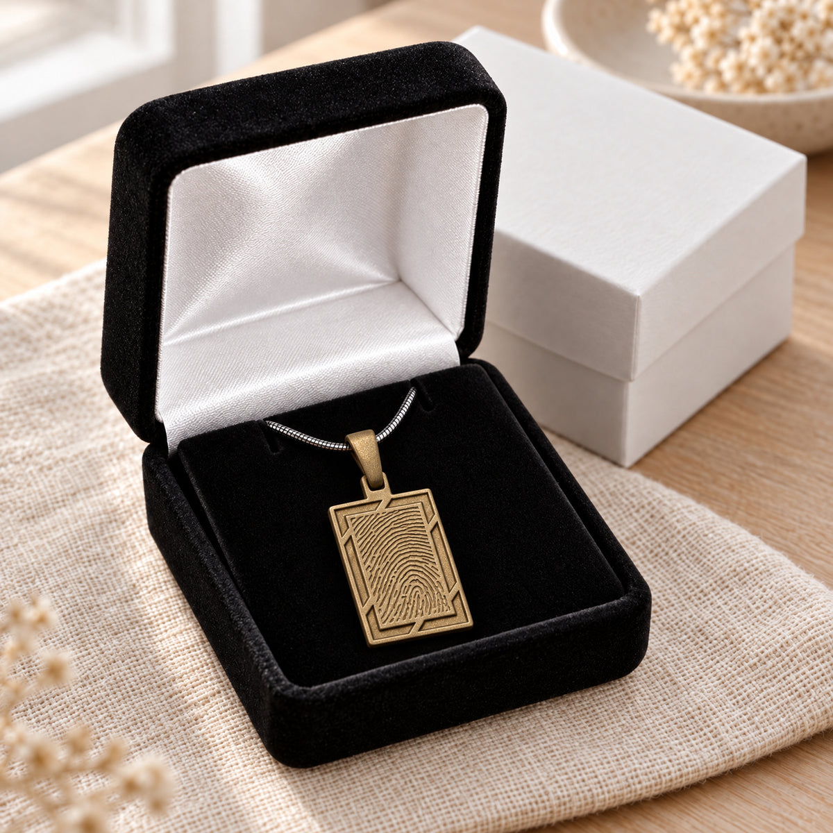 Bronze Finish Framed Rectangle Fingerprint Necklace — gift box