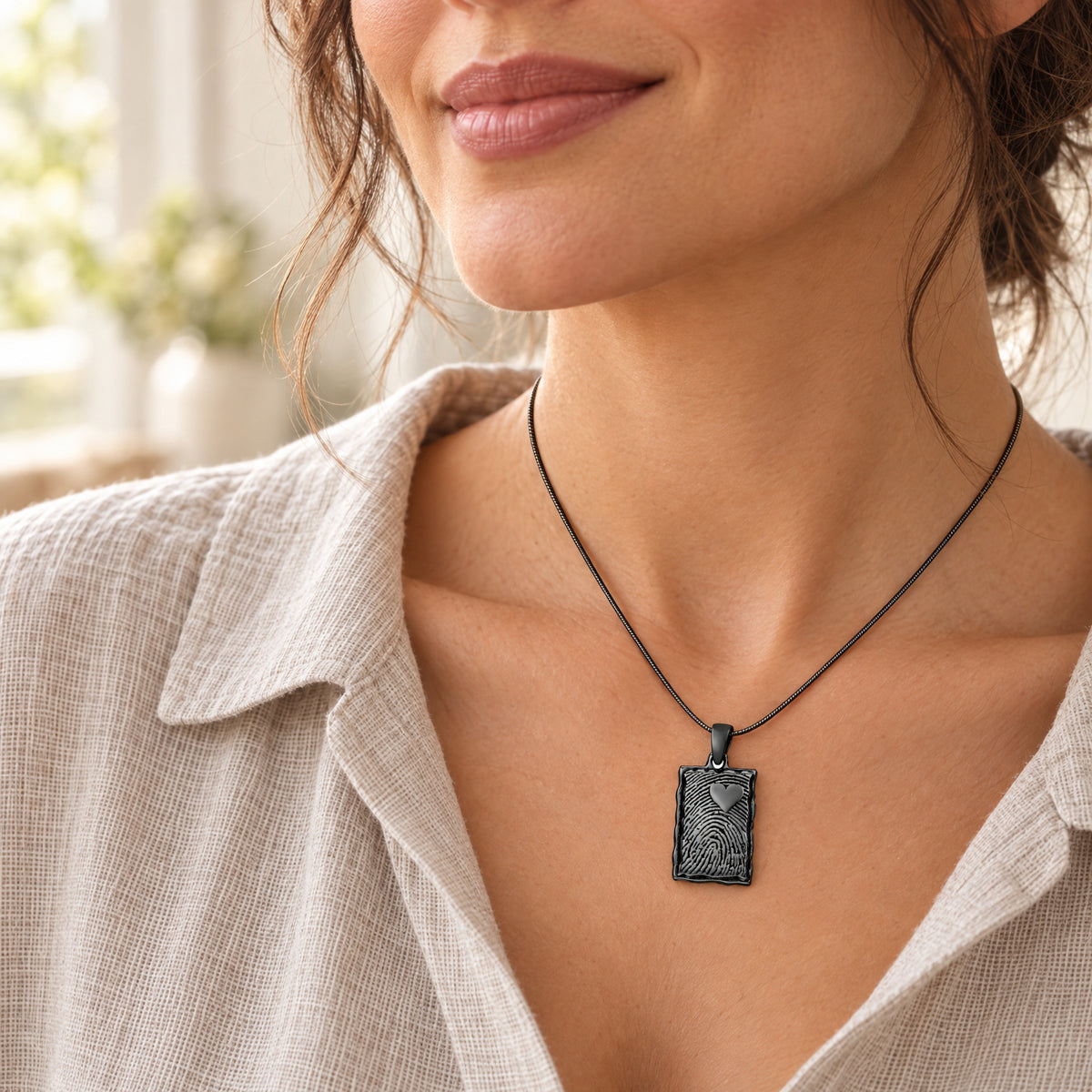 Black Plated Loved Signature Rectangle Fingerprint Necklace — lifestyle