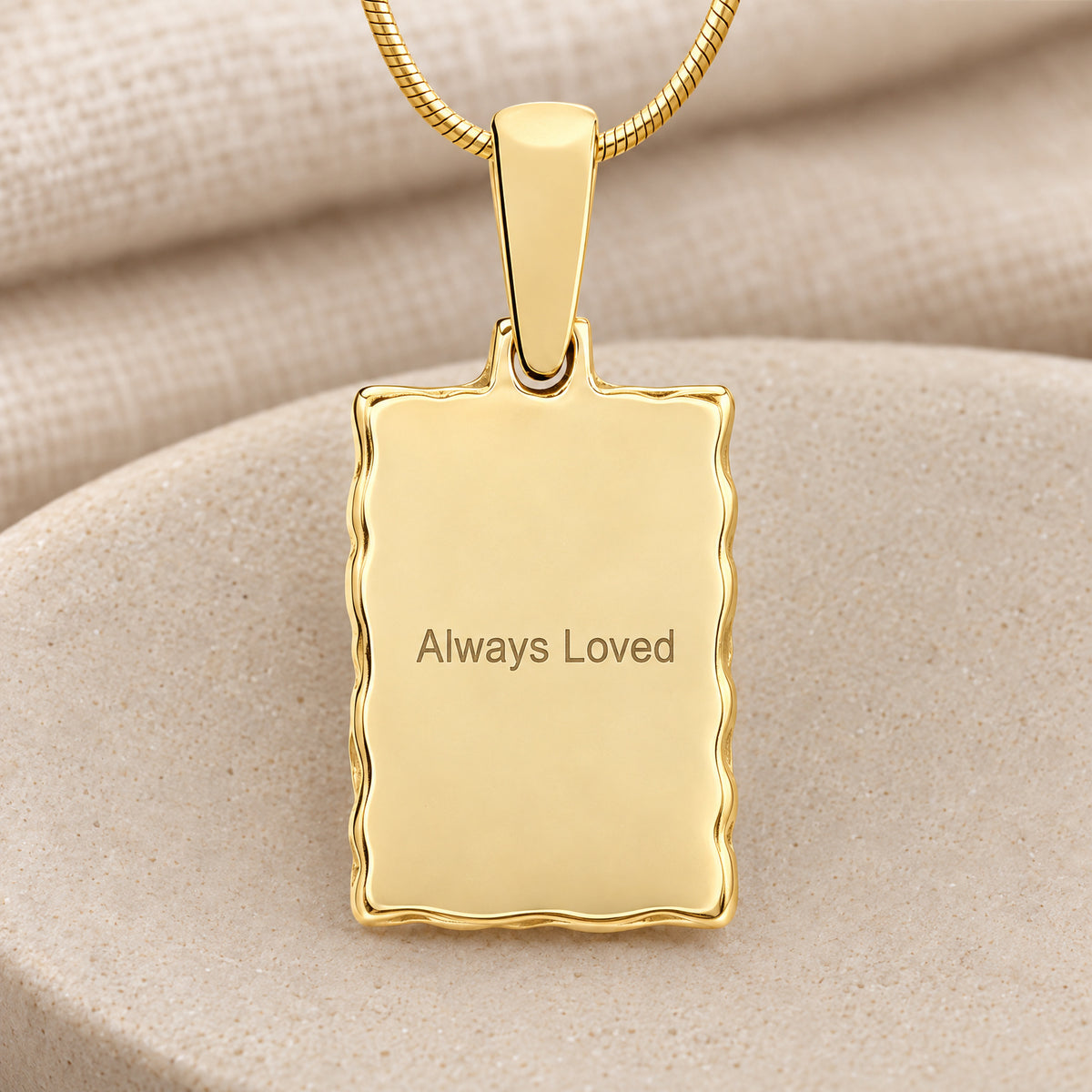 Solid 14k Gold Loved Signature Rectangle Fingerprint Necklace — rear engraving