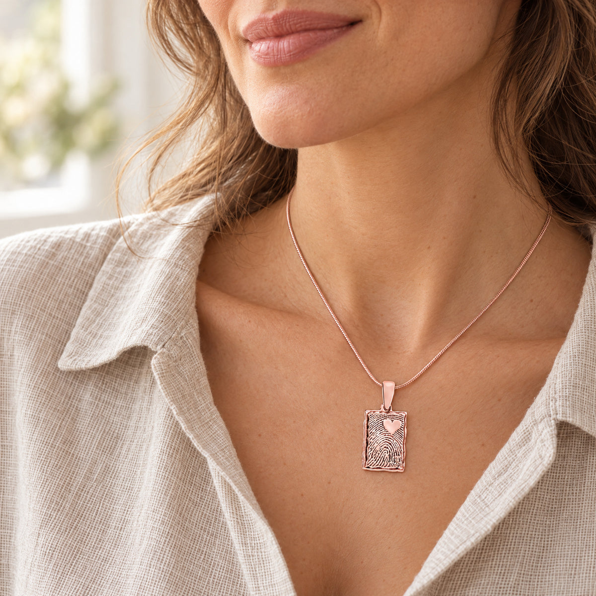Rose Gold Plated Loved Signature Rectangle Fingerprint Necklace — lifestyle