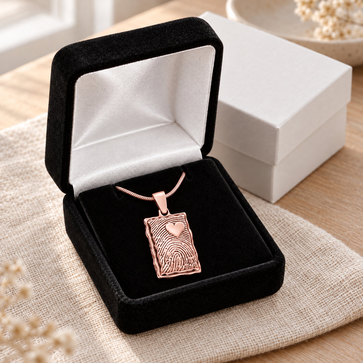 Rose Gold Plated Loved Signature Rectangle Fingerprint Necklace — gift box