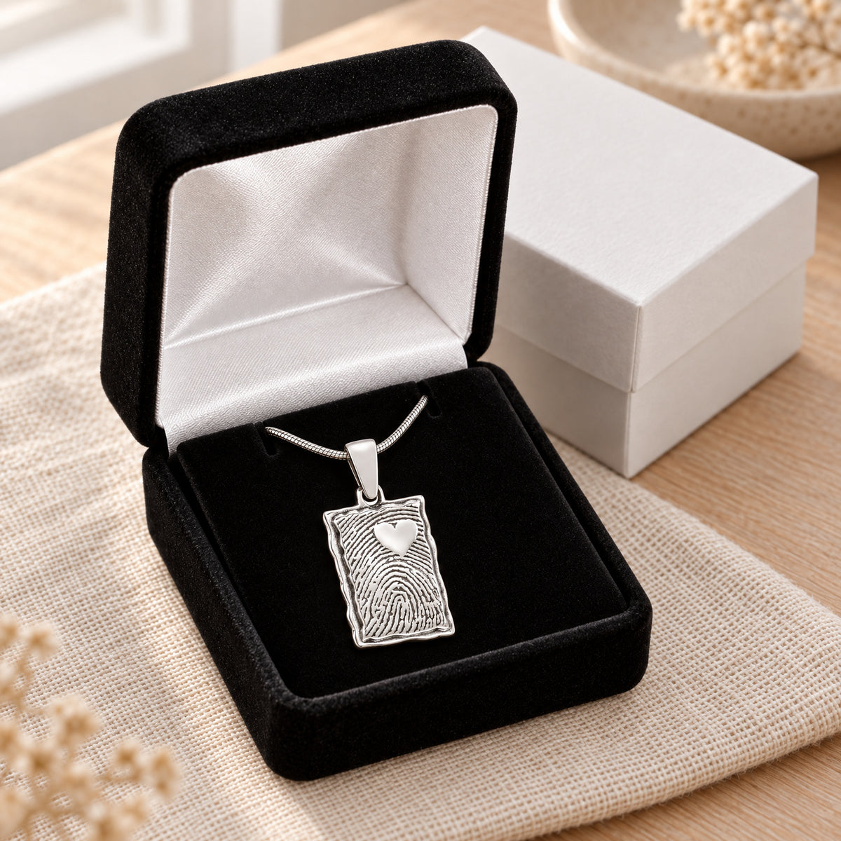 Silver Loved Signature Rectangle Fingerprint Necklace — gift box