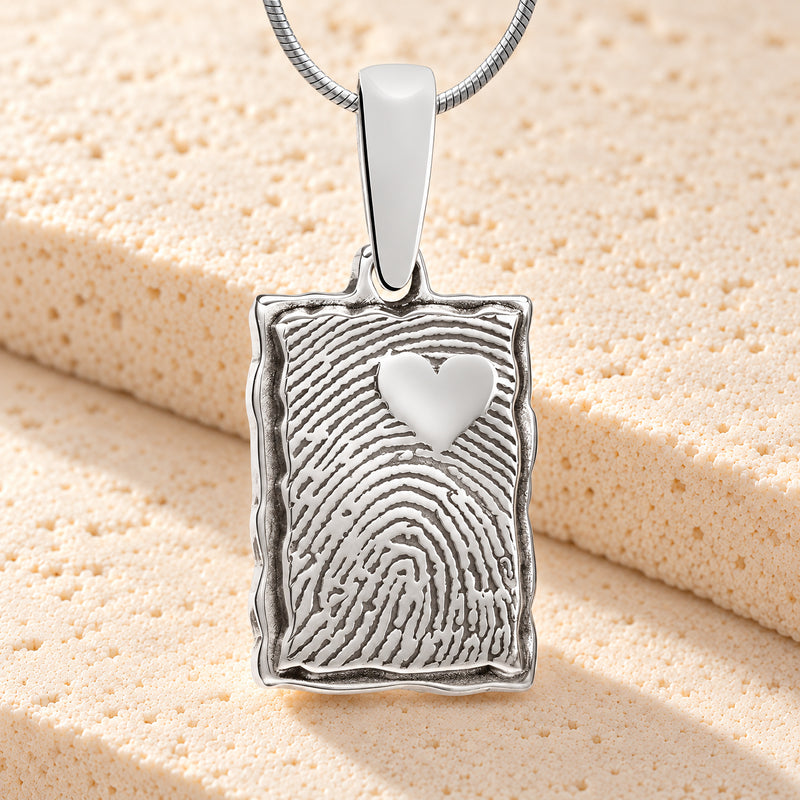 Solid 14k White Gold Loved Signature Rectangle Fingerprint Necklace