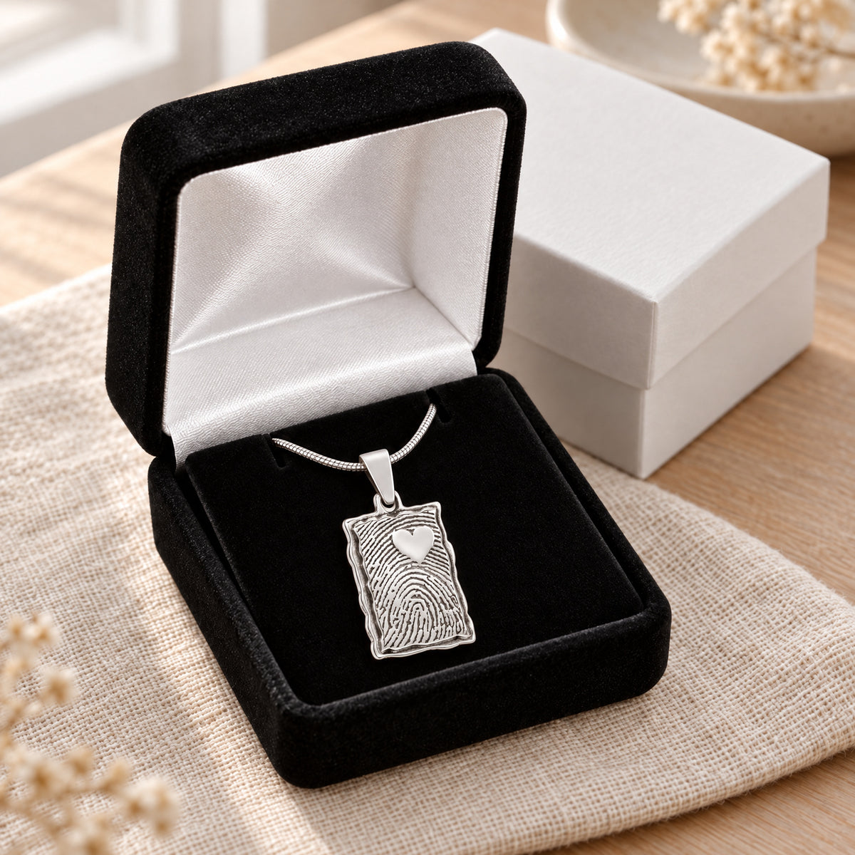 Solid 14k White Gold Loved Signature Rectangle Fingerprint Necklace — gift box