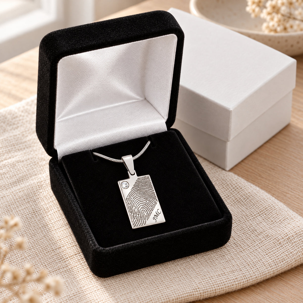 Birthstone Signature Rectangle Silver Fingerprint Necklace — gift box