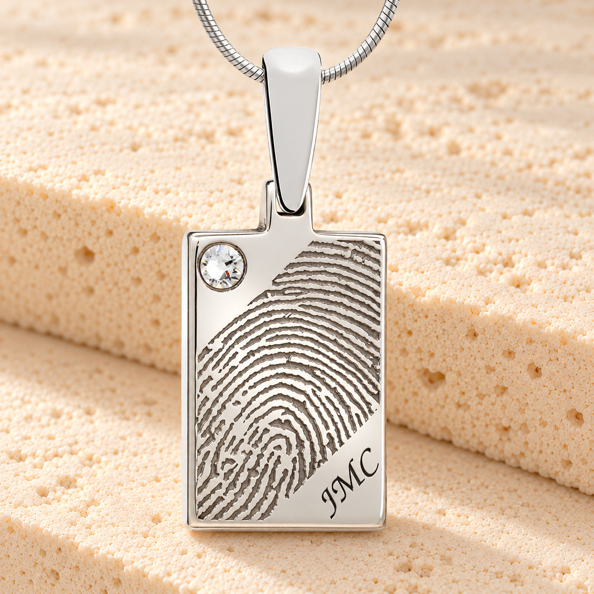 Solid 14k White Gold Birthstone Signature Rectangle Fingerprint Necklace — main