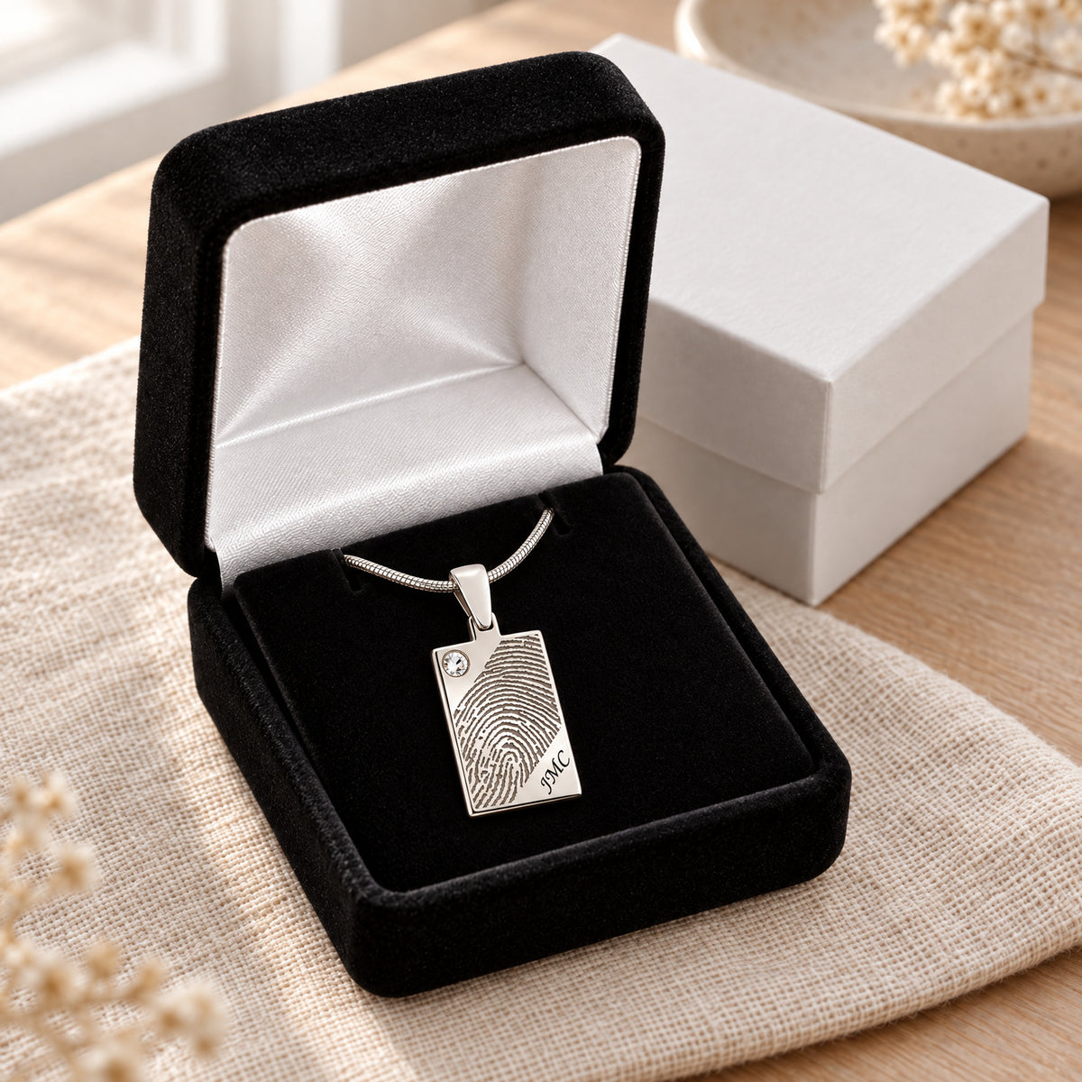 Solid 14k White Gold Birthstone Signature Rectangle Fingerprint Necklace — gift box