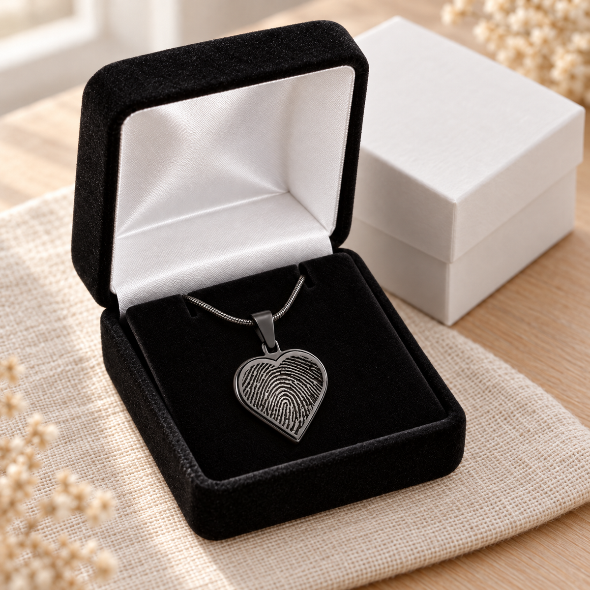 Black Plated Signature Heart Fingerprint Necklace — gift box