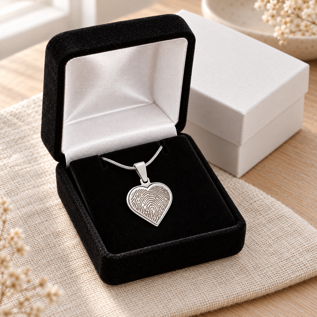 Solid 14k White Gold Signature Heart Fingerprint Necklace — gift box