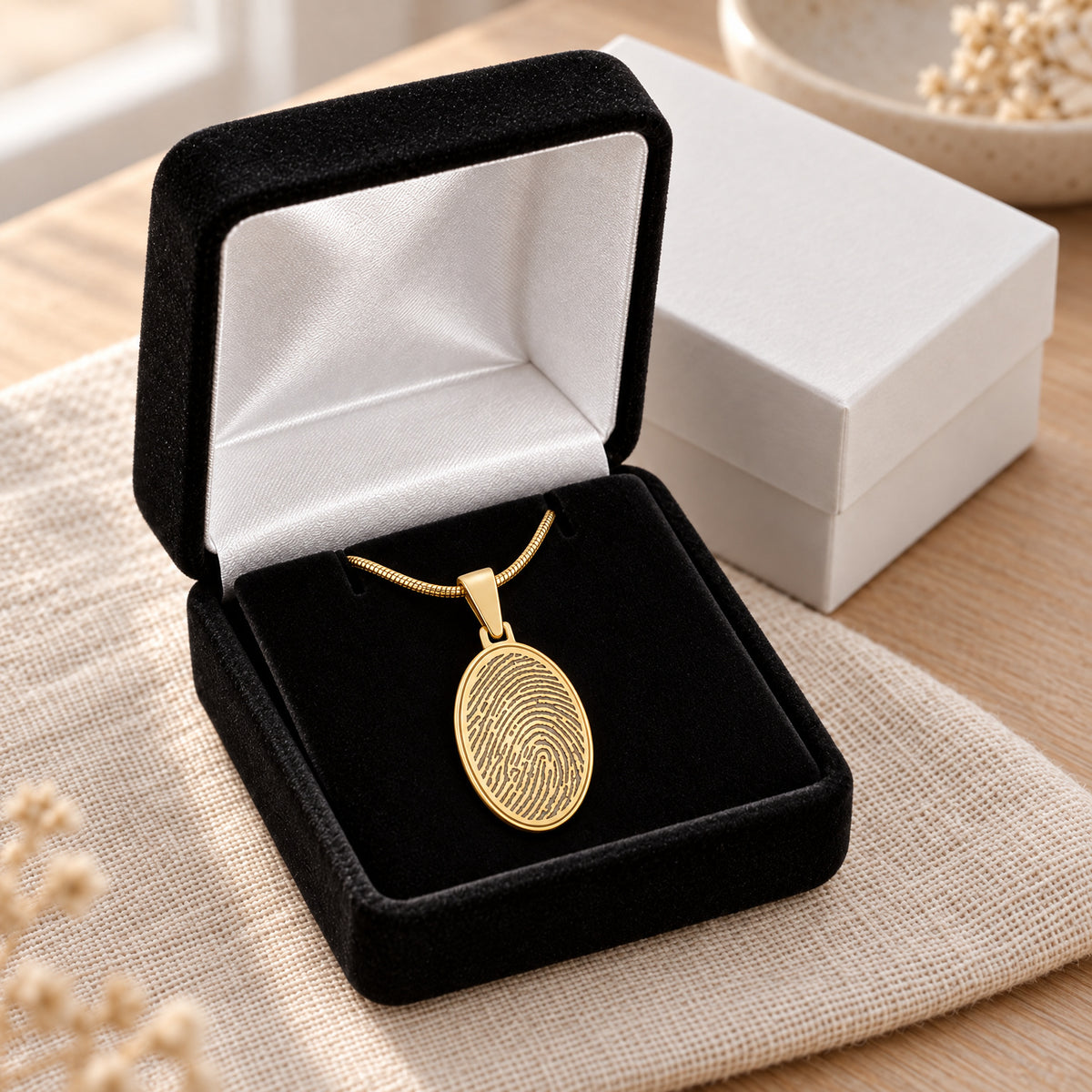 Gold Plated Signature Oval Fingerprint Necklace — gift box