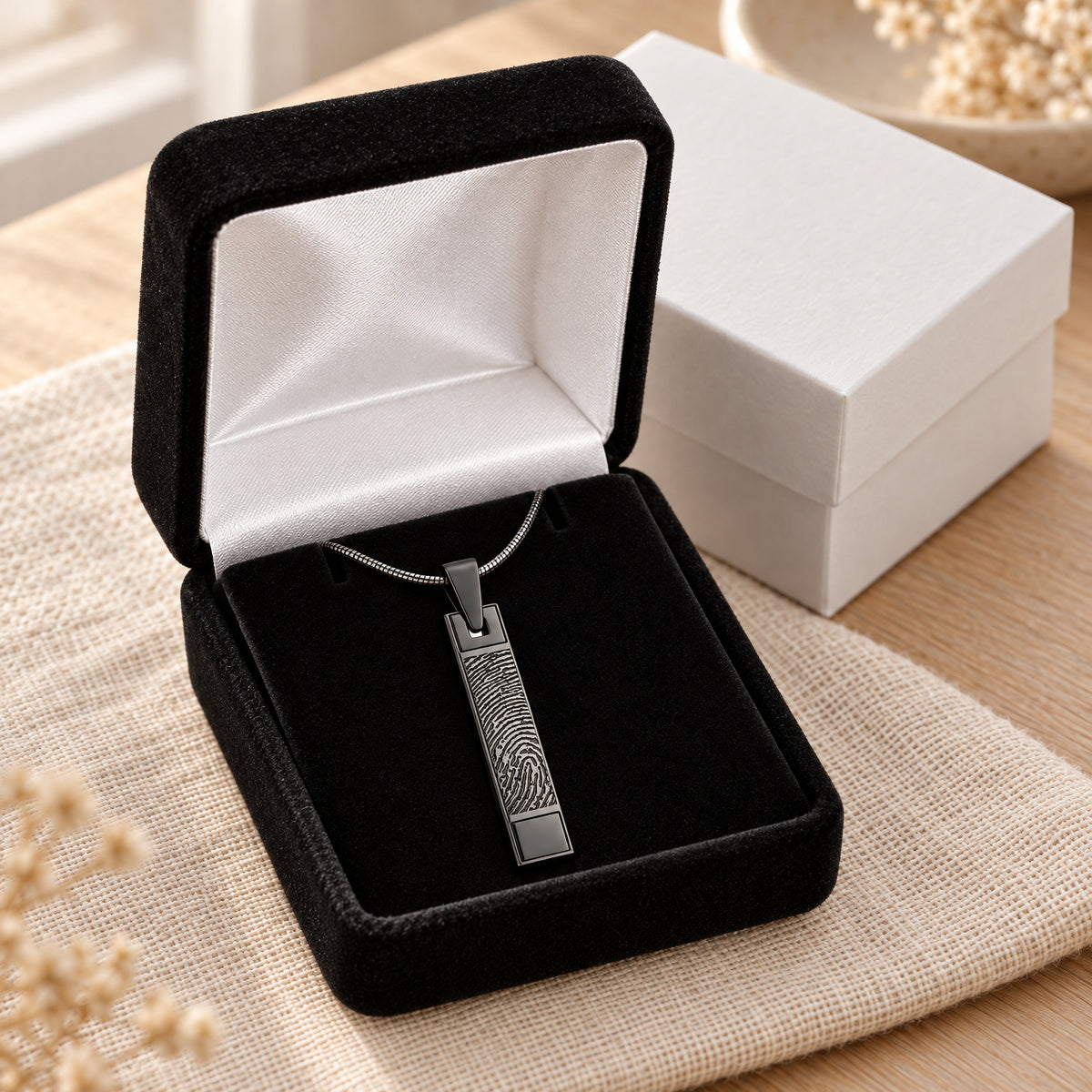 Signature Barred Black Plated Fingerprint Necklace — gift box