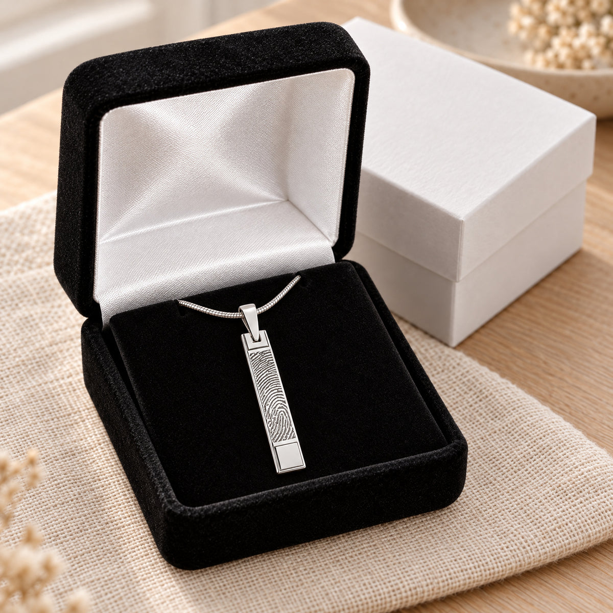 Solid 14k White Gold Signature Barred Fingerprint Necklace — gift box