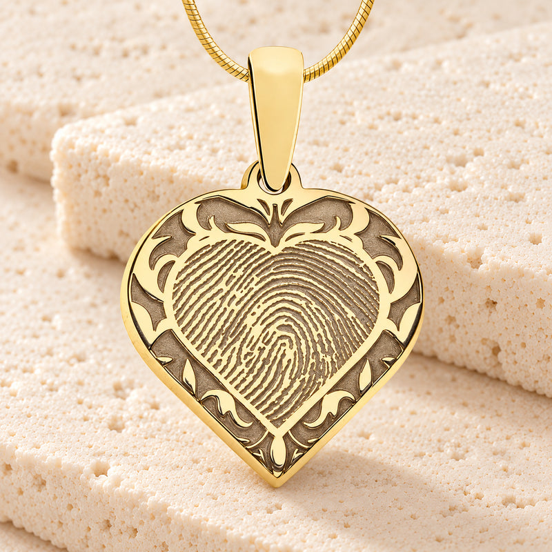 Solid 14k Gold Carved Signature Heart Fingerprint Necklace