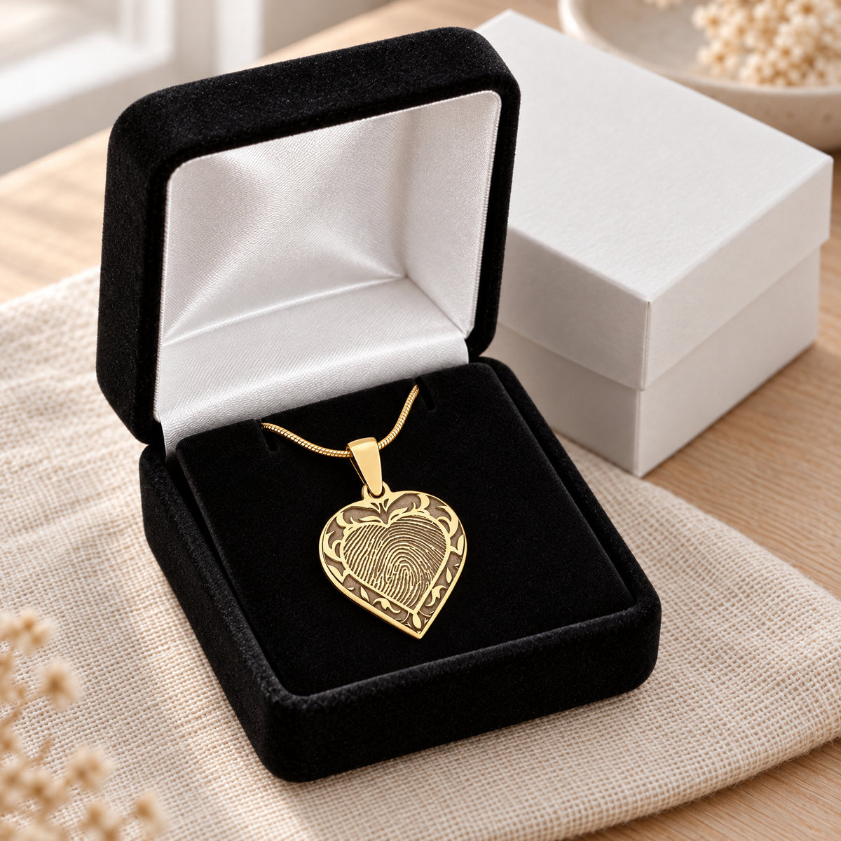 Solid 14k Gold Carved Signature Heart Fingerprint Necklace — gift box
