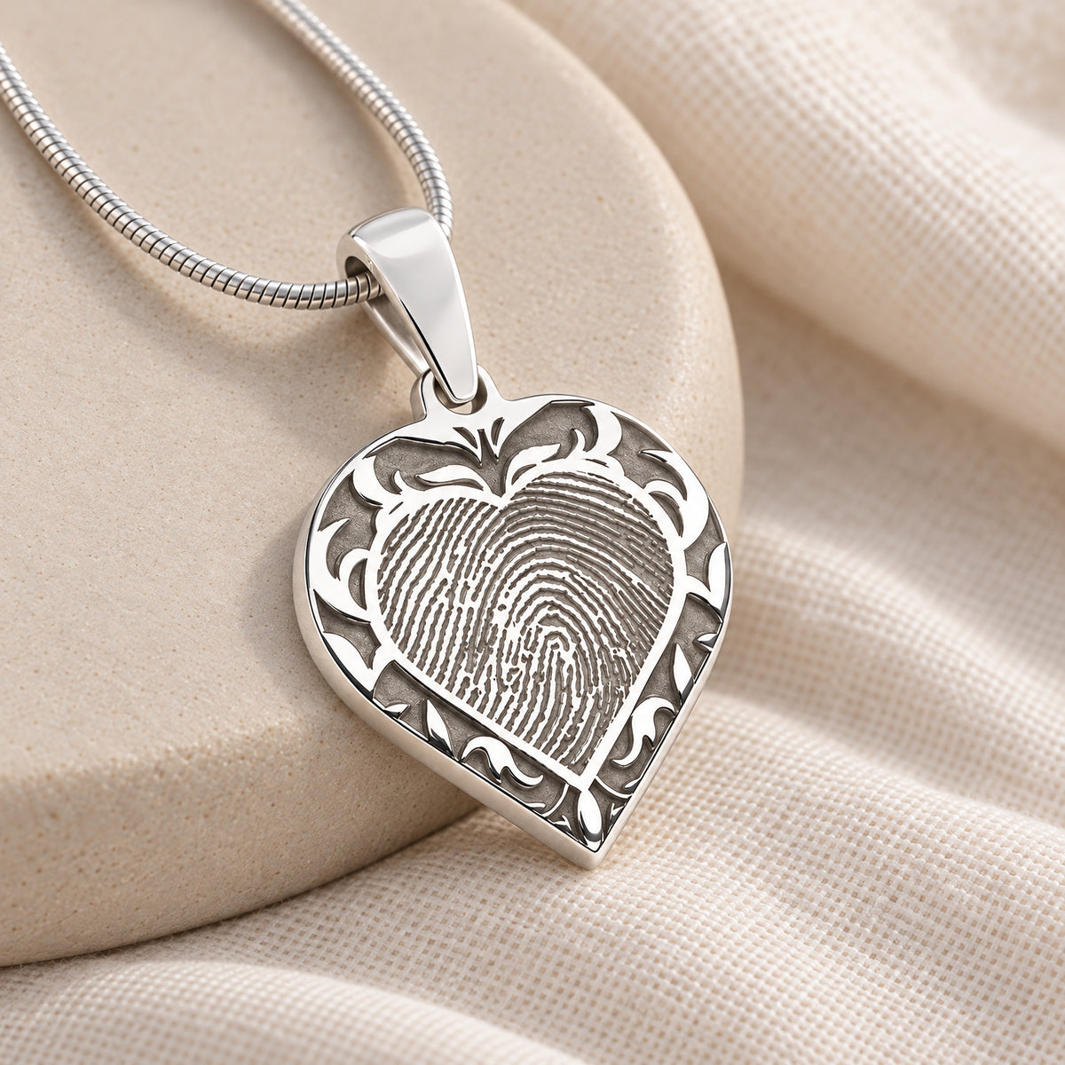 Sterling Silver Carved Signature Heart Fingerprint Necklace — alternate view