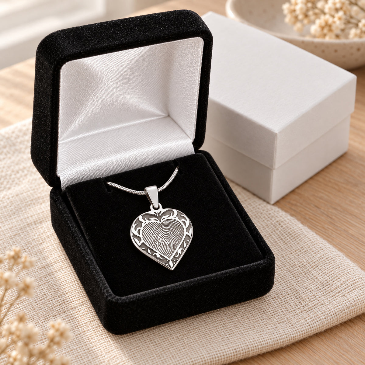 Sterling Silver Carved Signature Heart Fingerprint Necklace — gift box