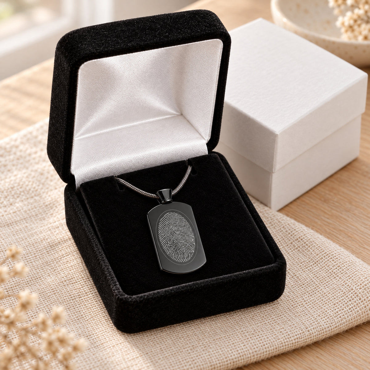 Black Plated Stainless Pleasant Rectangle Fingerprint Necklace — gift box