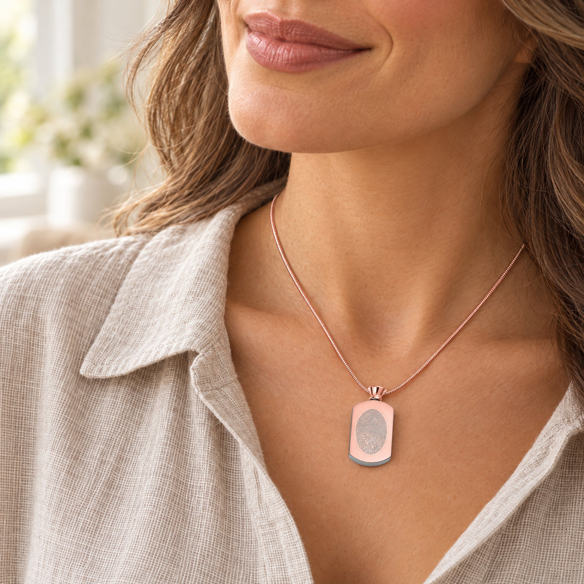 Rose Gold Plated Stainless Pleasant Rectangle Fingerprint Necklace — lifestyle