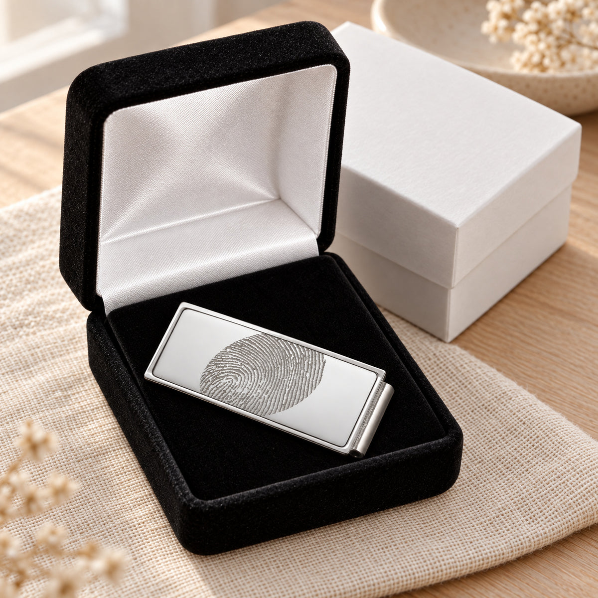 Stainless Steel Silver on Silver Fingerprint Money Clip — gift box