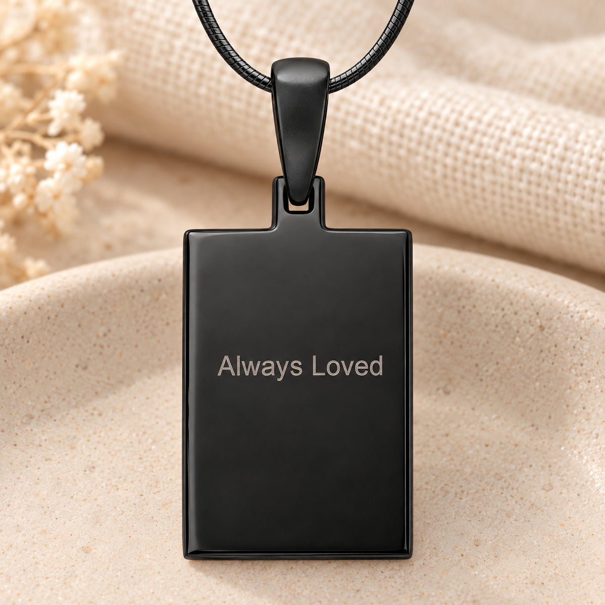 Black Plated Sterling Raised Fingerprint Rectangle Necklace — rear engraving