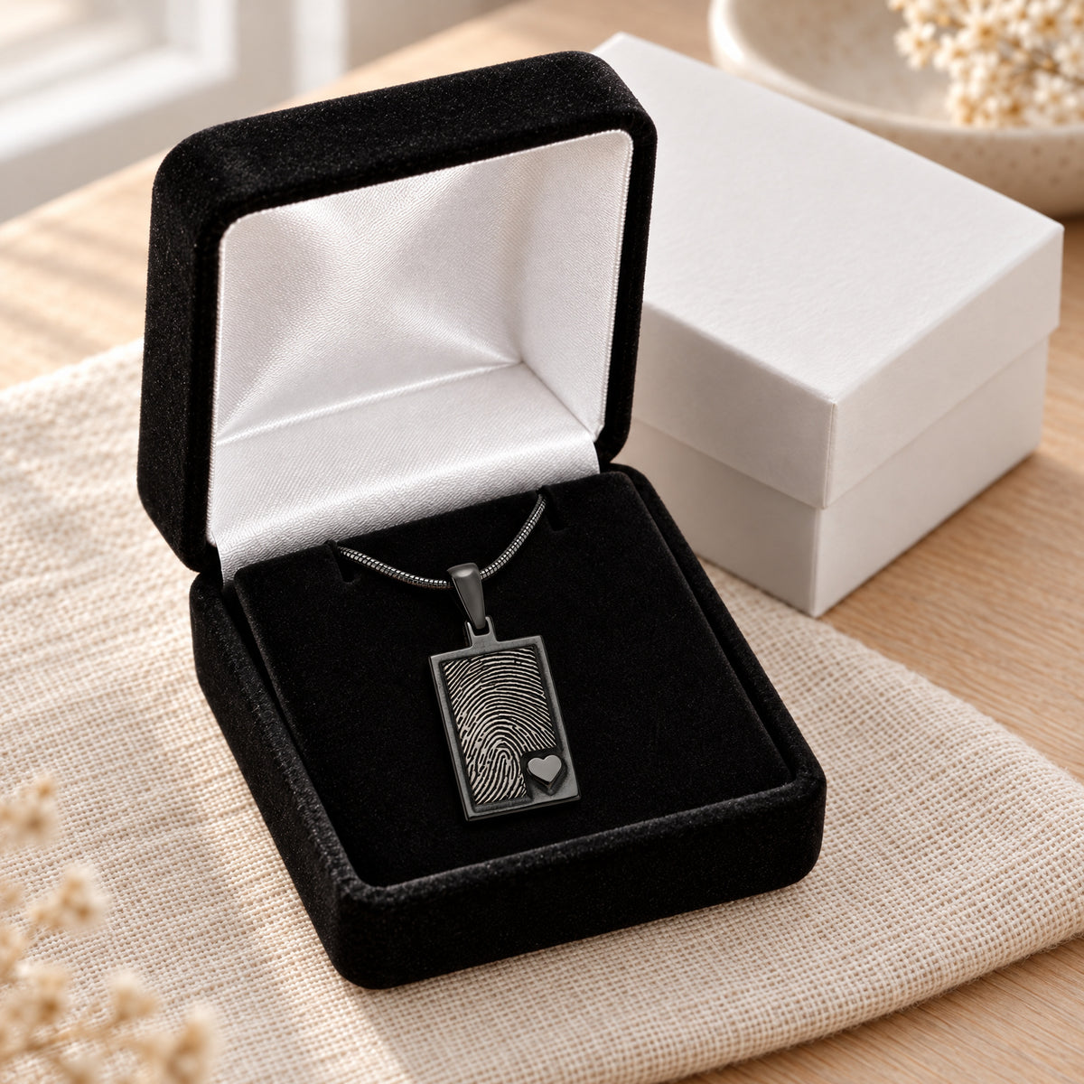 Black Plated Sterling Raised Fingerprint Rectangle Necklace — gift box