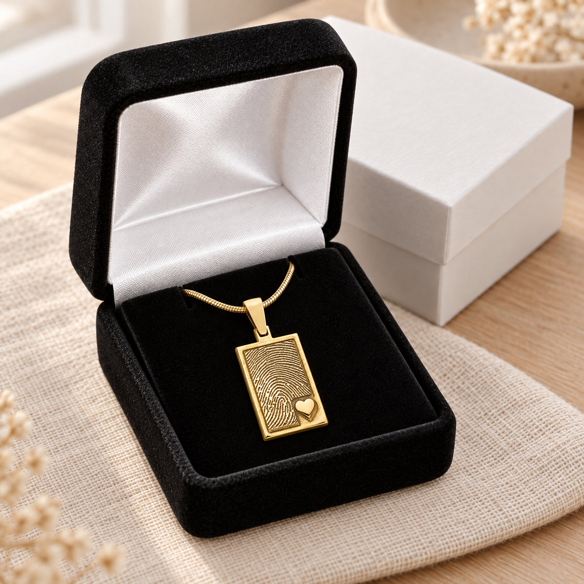 Solid 14K Gold Raised Fingerprint Rectangle Necklace — gift box