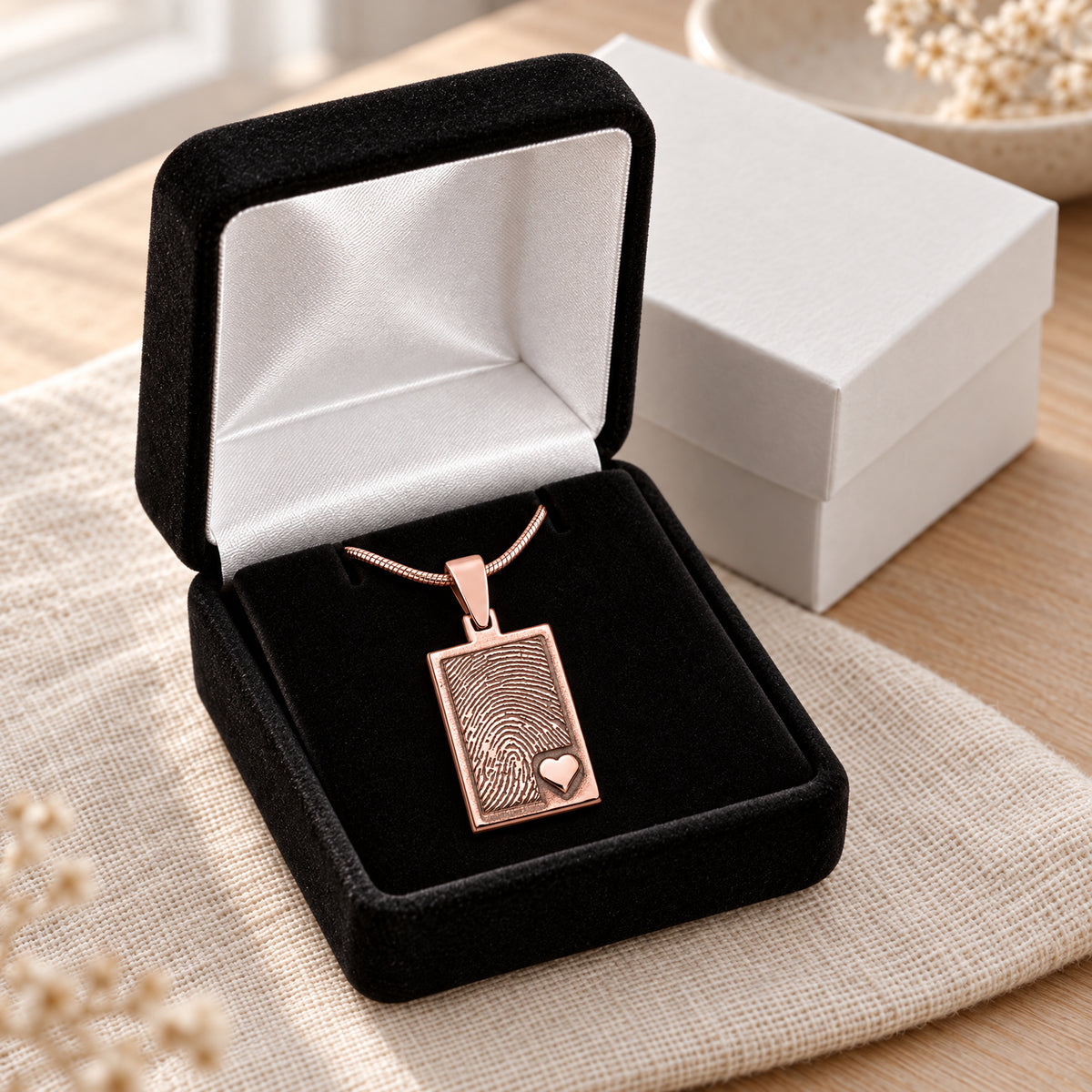 Rose Gold Plated Sterling Raised Fingerprint Rectangle Necklace — gift box