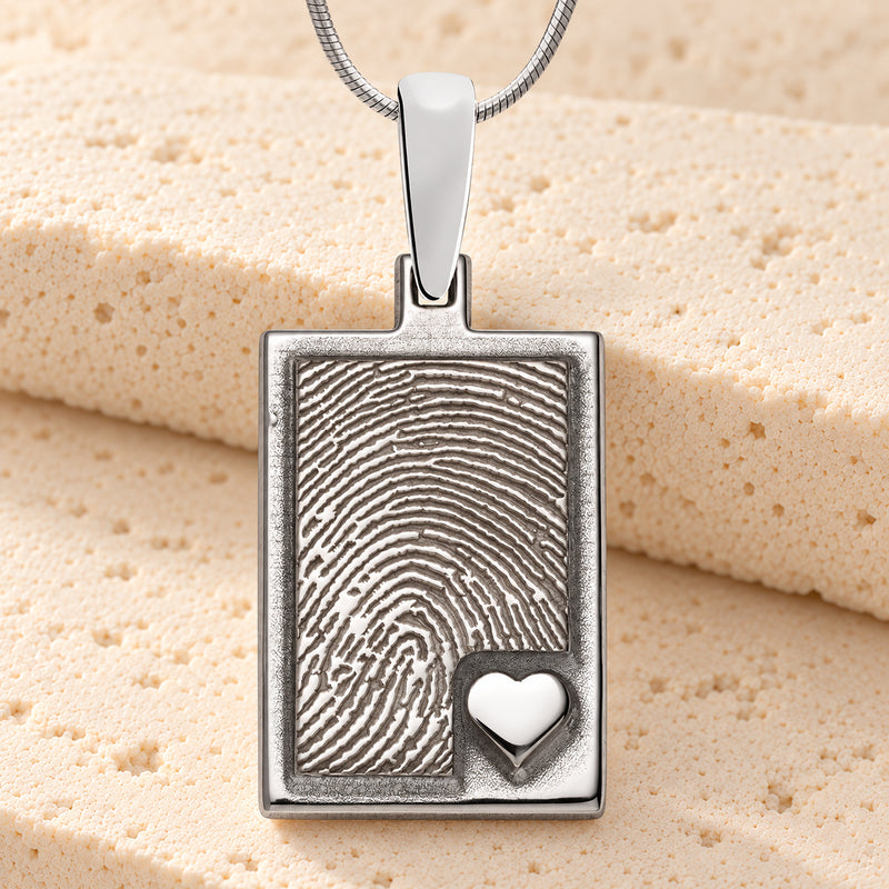 Solid 14K White Gold Raised Fingerprint Rectangle Necklace